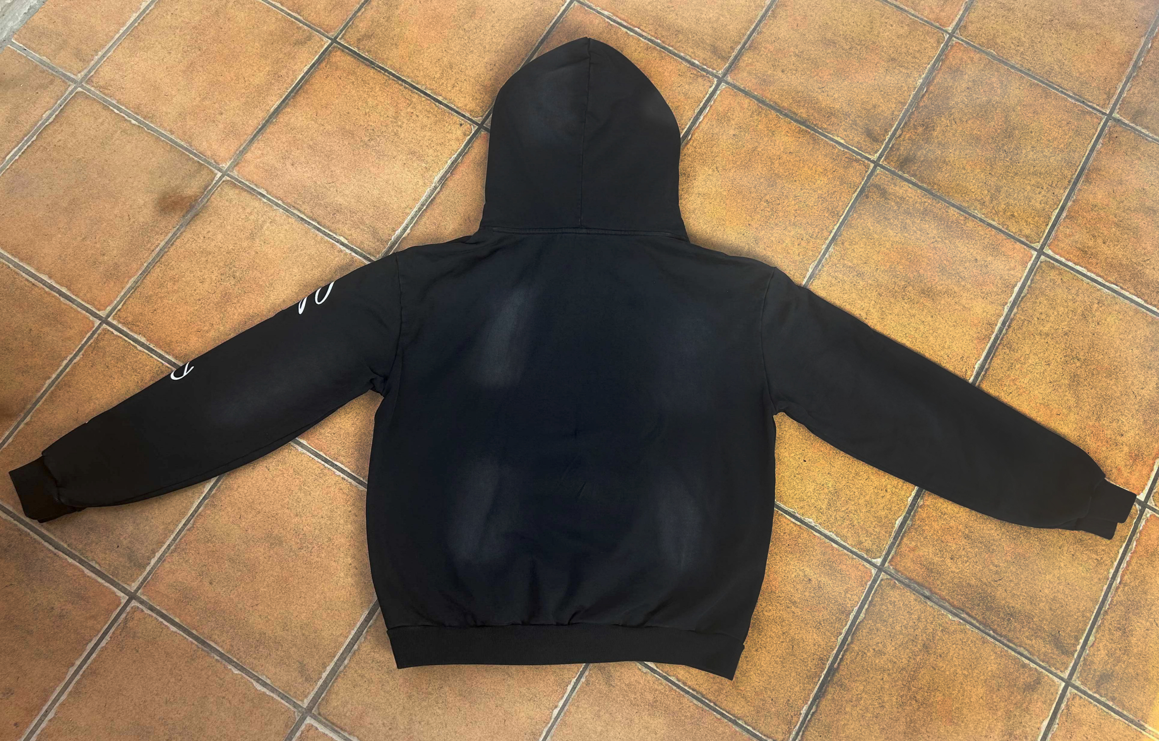 Vintage Faded Washed Hoodie, Leopard Print Lined Hood Oversized Black Sweatshirt for Men