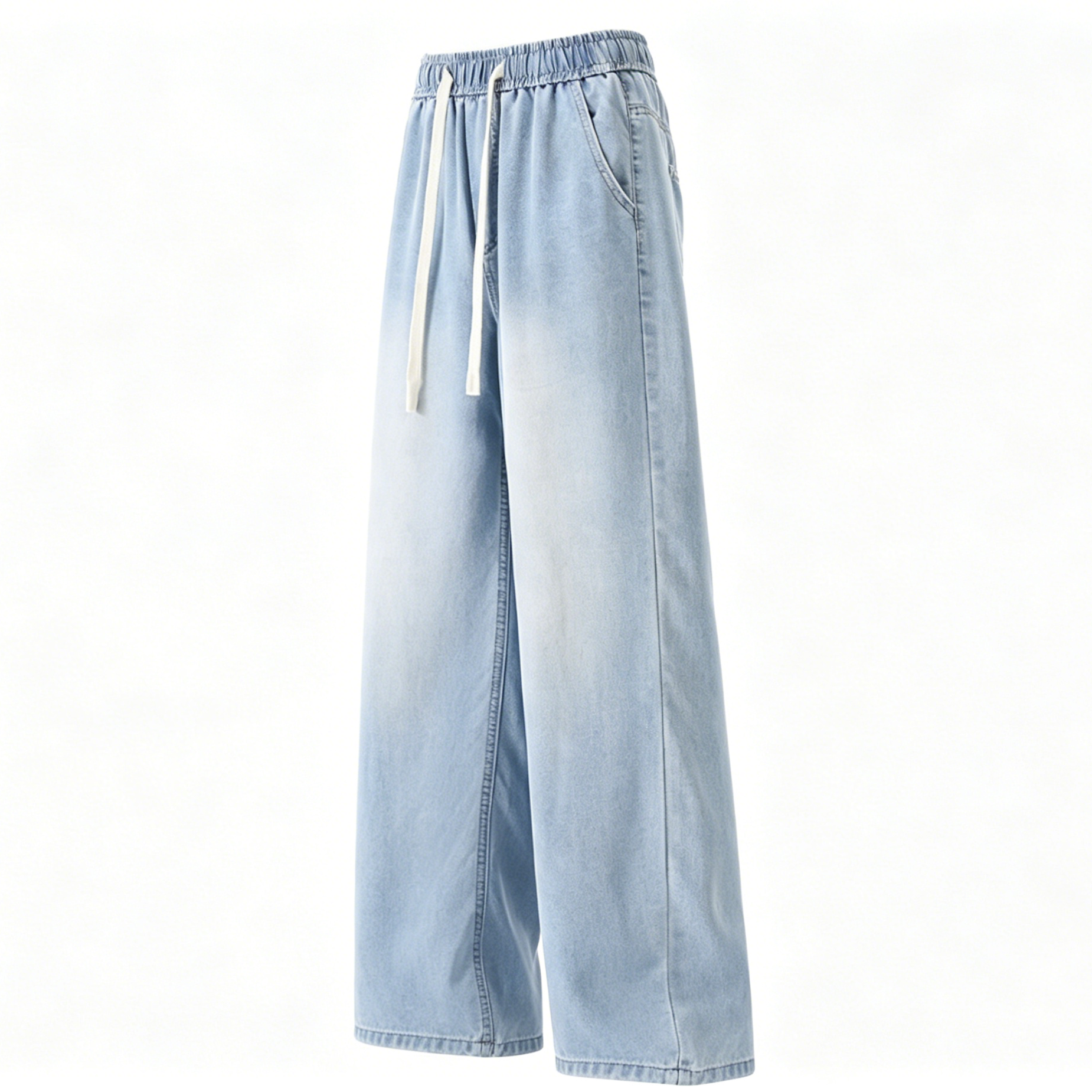 Lightweight Washed Denim Pants Wide Leg Denim Jeans Elastic Drawstring