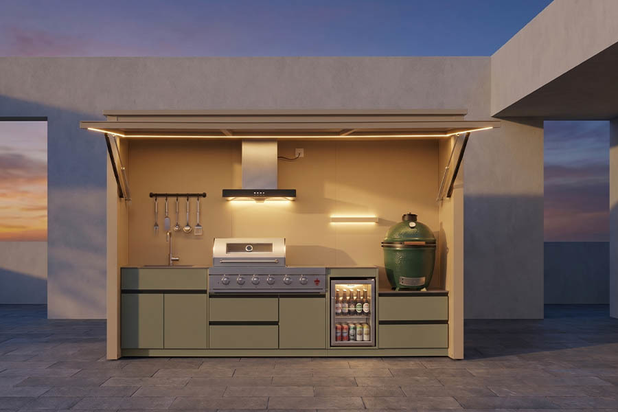 Versatile Outdoor barbeque pod with Professional Gas Grill & 21 Inch Ceramic Egg Grill