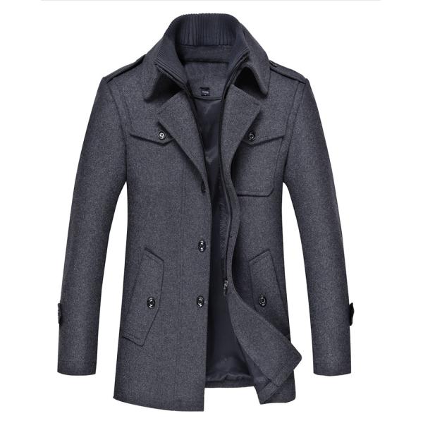 Double-layer Collar Men's Woolen Coat with Woven Woolen Fabric and Vintage Decoration