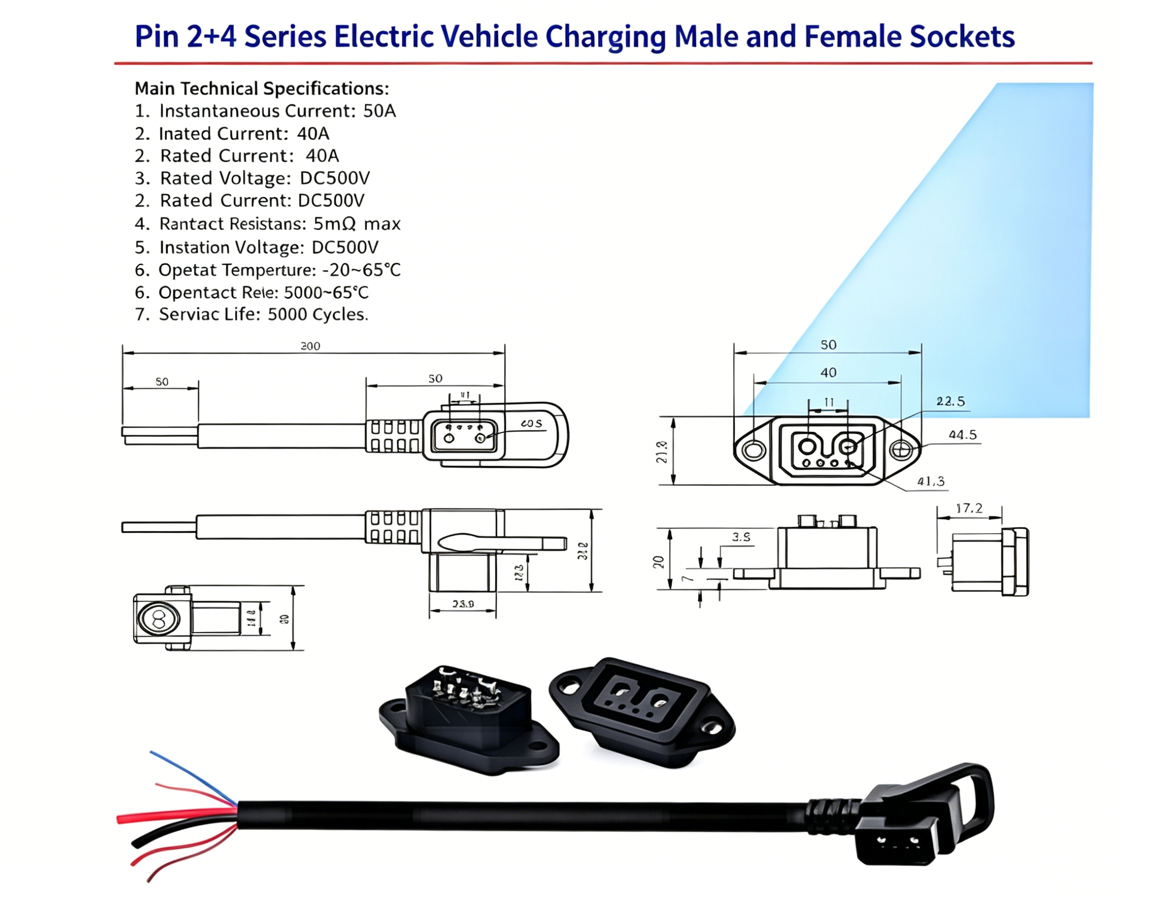 PINZi 2+4 Series LEVs Charging Connector (Male & Female Socket) - 40A 500V