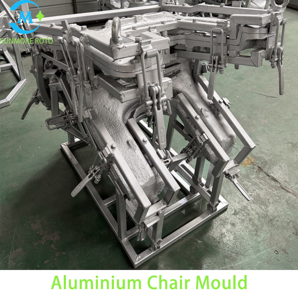 SUNMORE ROTO Custom Cast Aluminum Rotomolding Chair Mould With Integral Lifting Frame & Multi-Point Quick Clamps, OEM Hollow Plastic Leisure Garden Seat Rotational Molding Mold