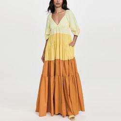                  Ladies V Neck Puff Sleeve Dress for Women Color Block Clothing Manufacturers Elegant Nylon Custom Logo Maxi Dress             