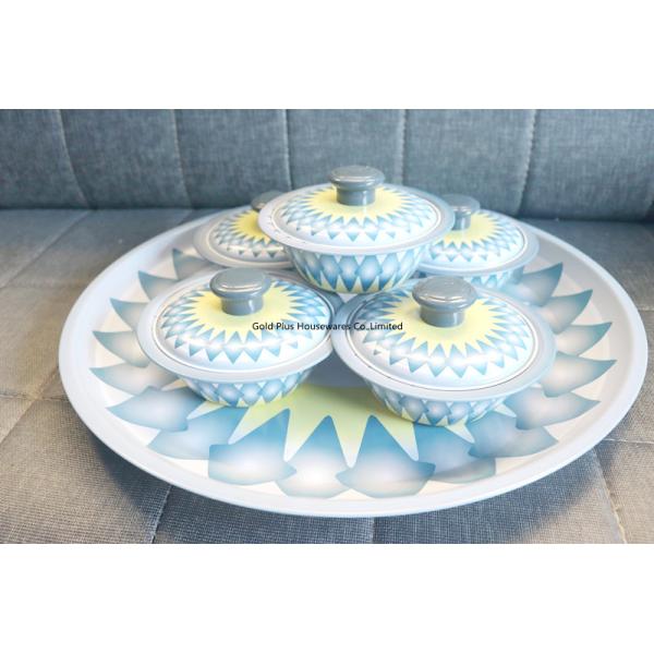 45cm Set of five spun stainless steel bowl and tray blue color kitchen serving bowl set with round tray