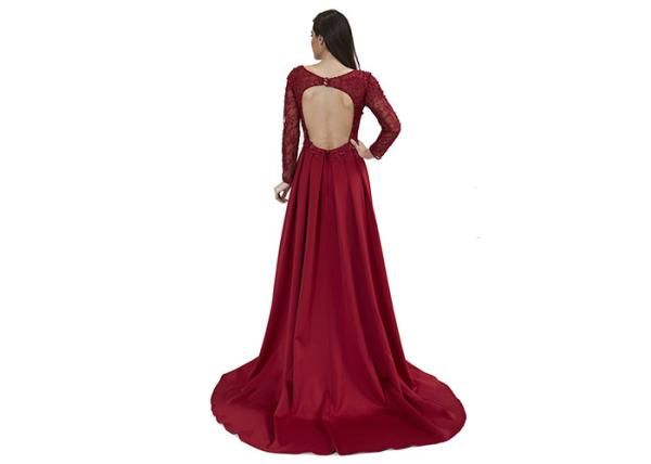 Women Clothes O Neck China Red Long Sleeve Evening Gowns / Applique Maxi Dress