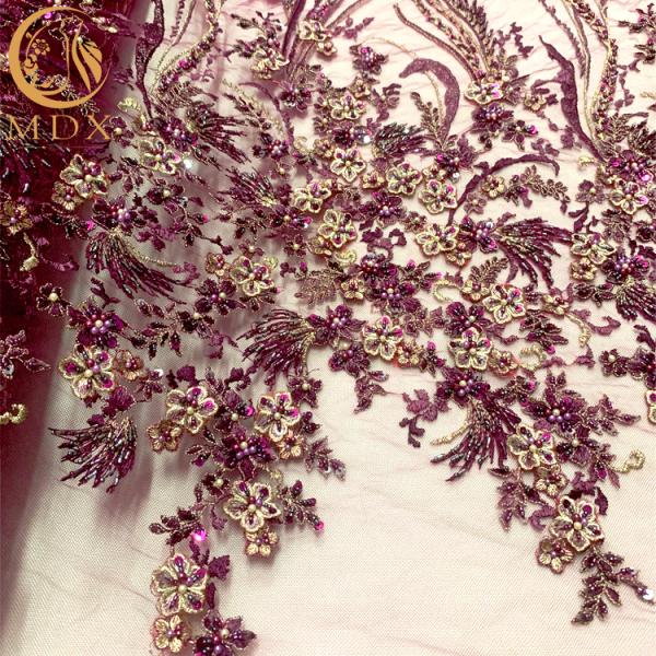 Purple 3D Embroidery Lace Fabric 0.9144 Meter For Nigerian Wedding Dress