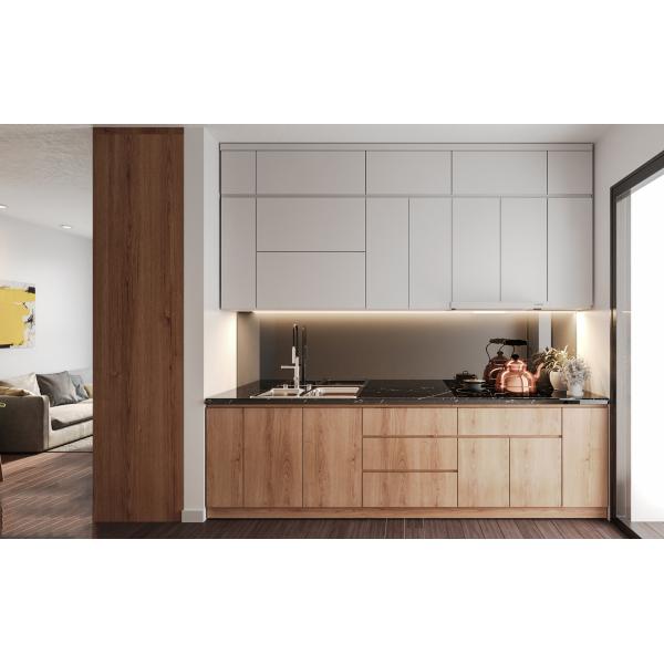 El gabinete de cocina moderno de lujo y el mostrador de mármol