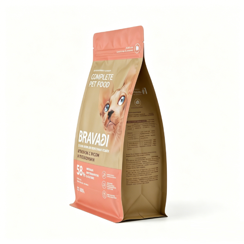 OEM ODM High Barrier Aluminum Foil Pet Food Pouch | Custom Printed Eight Side Seal Bag For Lamb & Rice Formula Adult Cat Dry Kibble Private Label