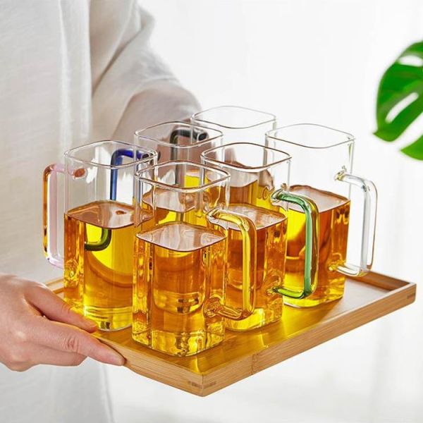 Customized Heated Resistant Borosilicate Glass Cup Mug With Colored Handle