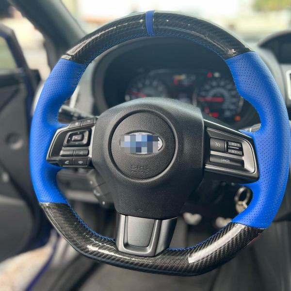 Custom Hand Stitching Carbon Fiber Blue Leather Steering Wheel Cover Wrap for Subaru WRX STI Levorg 2015 2016 2017 2018 2019