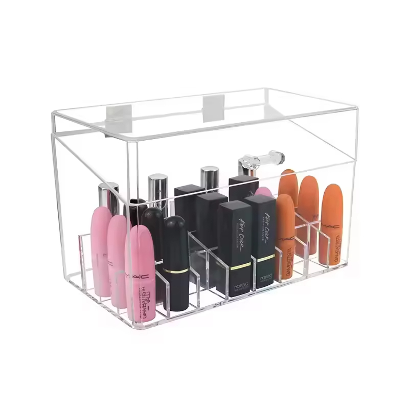 Factory Direct Sale Transparent Dust Proof Partition Acrylic Makeup Tools Storage Box  Lipstick Display Stand with Flip up Lid