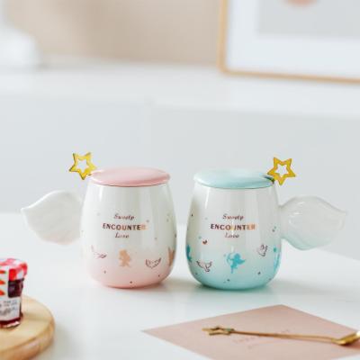 Angel Wings Romantic Cupid Couple Cup Gradient Ceramic Cartoon mug with lid spoon for men and women flower tea cup