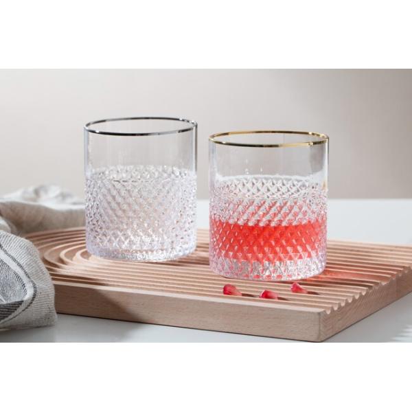 Diamond Shaped Whisky Gold Rimmed Drinking Glasses 12.6 Ounce 360ml Silver Edge