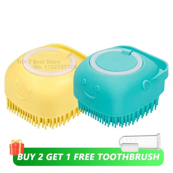 2-in-1 Pet Shower Brush with Shampoo Dispenser - Soft Silicone Massage Grooming Tool for Dogs and Cats