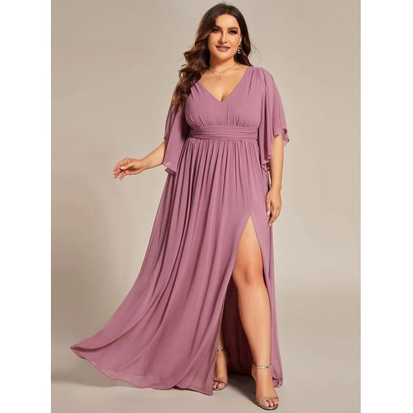 Plus Size A-line Half Sleeves V-neck Ruffled High Slit Purple Orchid Chiffon Evening Dress