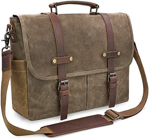 15.6 Inch Waterproof Vintage Genuine Leather Waxed Canvas Briefcase Large Leather Computer Laptop Bag Rugged Satchel