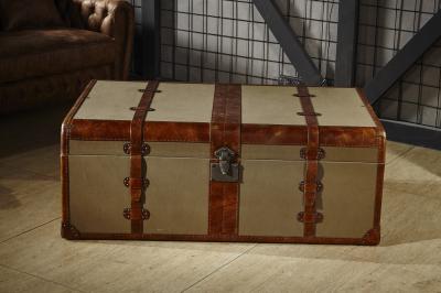 Retro Canvas Lifted Cover Leather Steamer Trunk Coffee Table Copper Nails Decoration