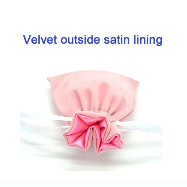 Soft Pink velvet drawstring bag with satin lining and customized white logo for lipstick packing