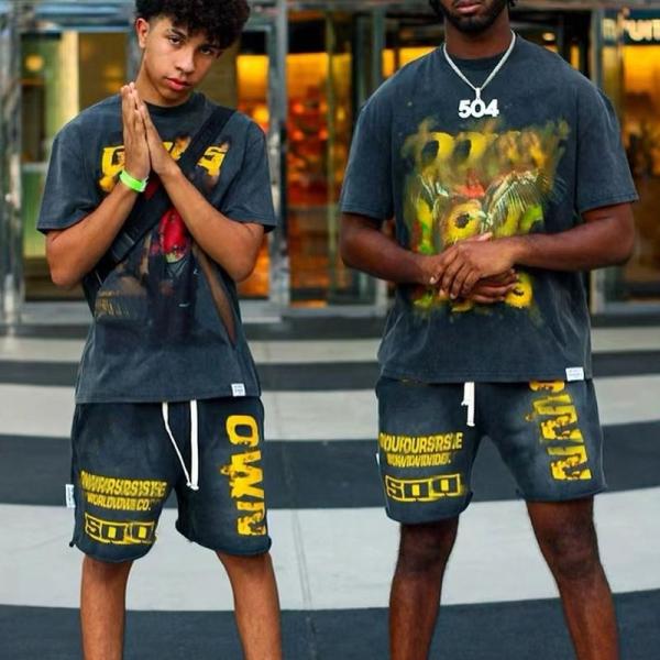 Streetwear Summer 100 Cotton Tracksuit Shorts Set Mens  Screen Printing Heavyweight