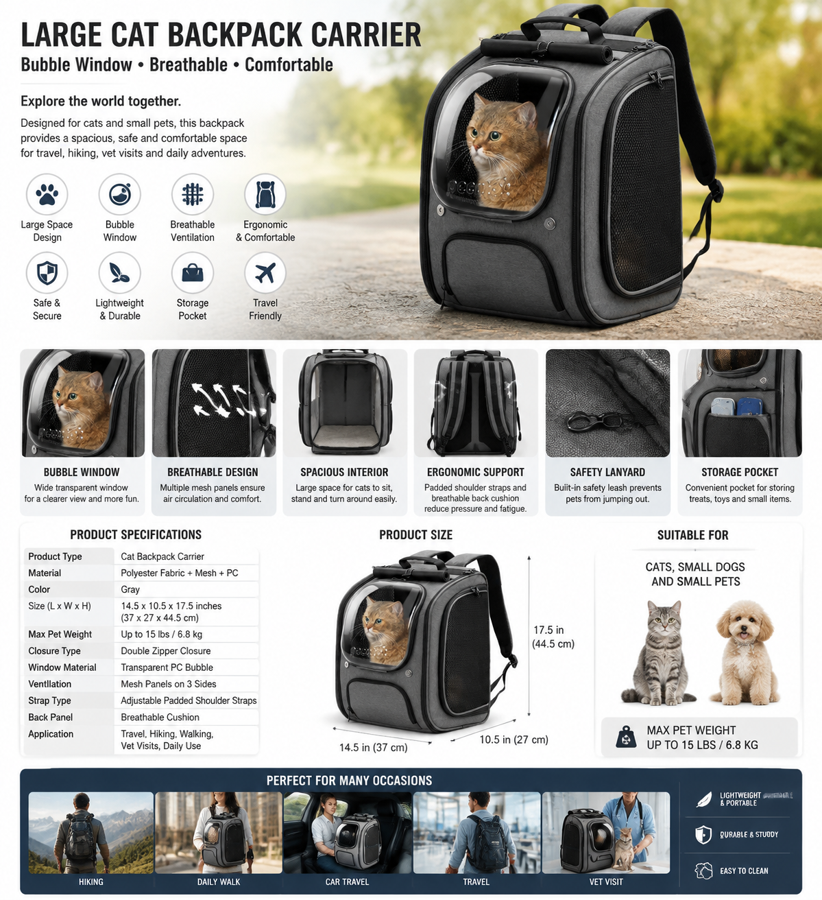 Large Cat Backpack Carrier with Bubble Window, Comfortable Space Capsule Pet Backpack for Cats, Breathable Travel Bag for Outdoor Adventures, Hiking and Vet Visits