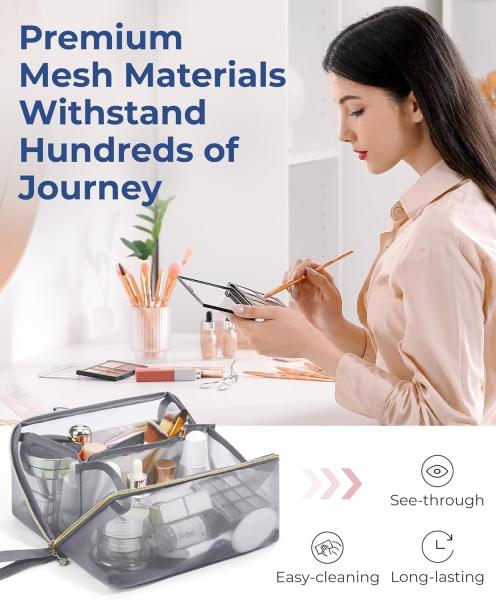 Portable Large Black Mesh Cosmetic Bag Open Flat Organizer Travel Bag For Men Women