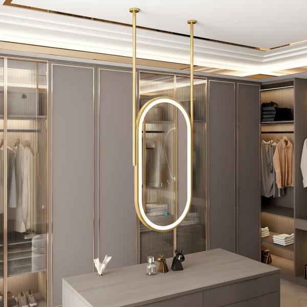 Kingstin Luxury Oval Ceiling Hanging LED Mirror Gold Brushed Frame, Smart Touch Switch Anti-Fog Suspension Bath Mirror