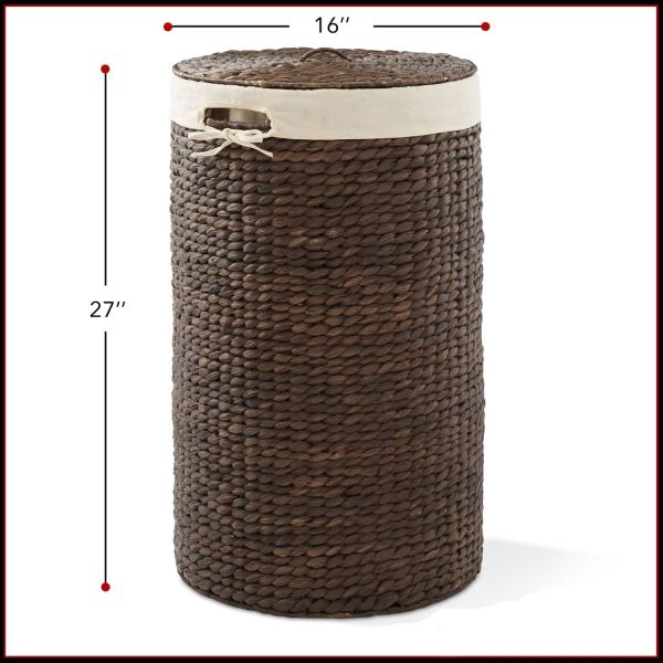 Round Laundry Hamper With Lid And Removable Liner Bag - Natural, Woven Water Hyacinth Wicker Laundry Basket For Clothes And Towels
