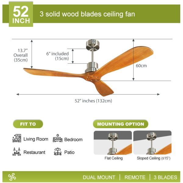 52 polegadas ventilador de teto sem luz Tipo de vento padrão com controle remoto e pás