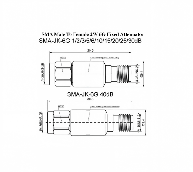 DC-6GHz RF Attenuator 2W Stainless Steel 20dB SMA Male To Female Attenuator