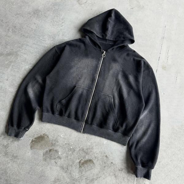Custom 400gsm Heavyweight Blank Oversized Boxy Fit Zip Up Vintage Sun Faded Acid Wash Waffle Hoodie for Men