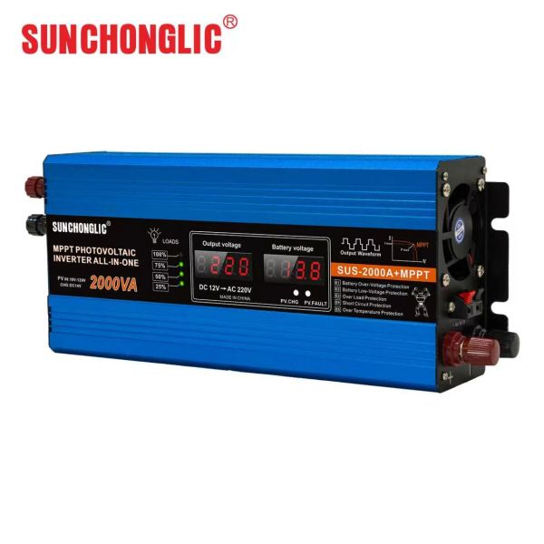 This 2000W MPPT solar charge inverter features a modified sine wave output and converts 12V DC to 220V AC power.