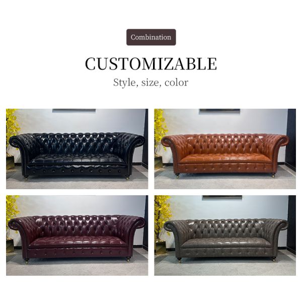 Nidea #863 Hot Sale American Industrial Style Art Hotel Cafe Genuine Leather Chesterfield Sofa Set 1 2 3 Seater Combination Living Room