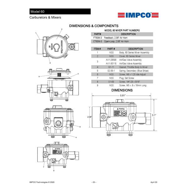95CFM Diaphragm IMPCO Mid Size Engine Mixers Fuel System Parts