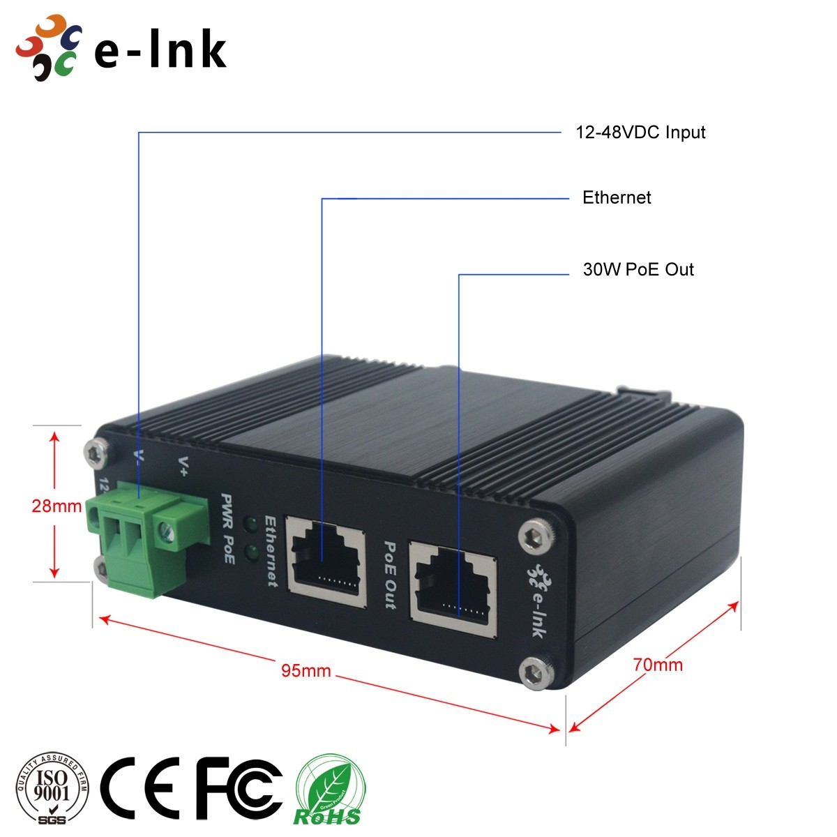 Затвердетый промышленный входной сигнал PoE+ IEEE802.3at 30W инжектора 12-48VDC гигабита PoE+ вывел наружу до 100 метров выхода