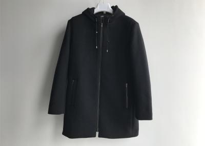 Hooded Mens Medium Trench Coat / Mens Wool Winter Coat Zip Through Casual Style