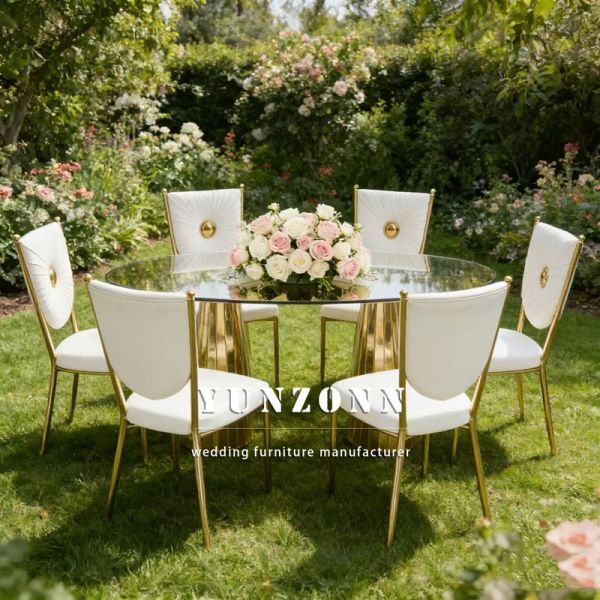 Gold Stainless Steel Dining Table and Chairs Set Glass Top Wedding Furniture for Hotel Use