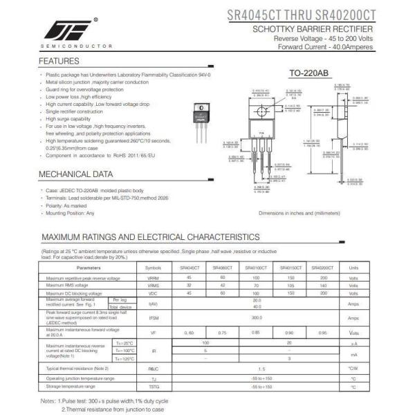 8.000kg Package Alloy SR40200CT 200V/40A High Power Schottky Barrier Rectifier Diode