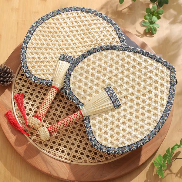 Y-Z Chinese Style Handmade Cattail Blue Tassel Wheat Straw Fan Summer Cool Portable Palm-leaf Large Fan