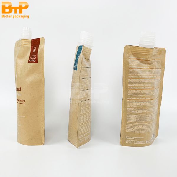 Eco Friendly Pouch Zipper Custom Printed Bag Packing Paper Biodegradable Kraft Packaging Spout Pouch Doypack for Liquid Shampoo