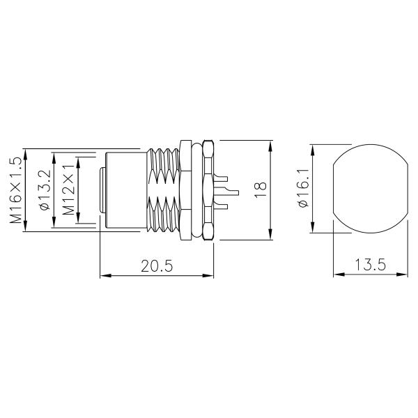 Panel Mount M12 Connector IEC 61076-2-101 Female 3 Pin Front Mounting M16x1.5