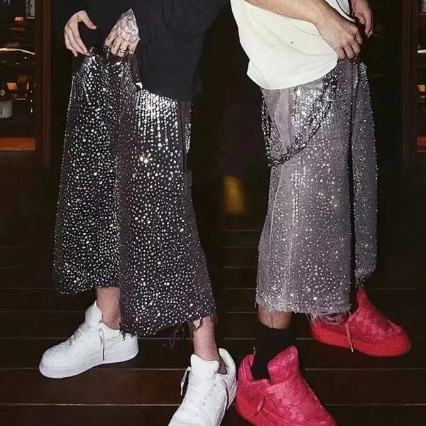 Pantalones cortos de ropa callejera con impresión en todo el cuerpo, de piedra rínica, denim, diamantes, cortos, ecológicos.