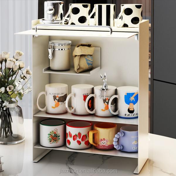 Household 4 Tier Metal with Door Stand Ceramic Mug Storage Cabinet Kitchen Pull Cabinet Doors Out Spices Jar Bottle Organize Box