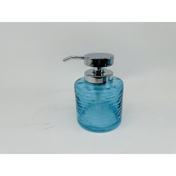 Accesorios de baño de vidrio azul conjunto de forma redonda dispensador de loción de vidrio botella de jabón para el baño