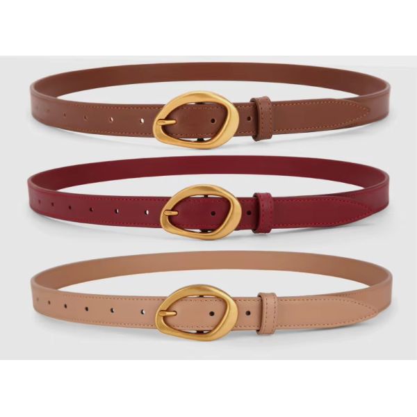 Thin Adjustable Belt Genuine Leather Belts for Women Matte Gold Oval Buckle