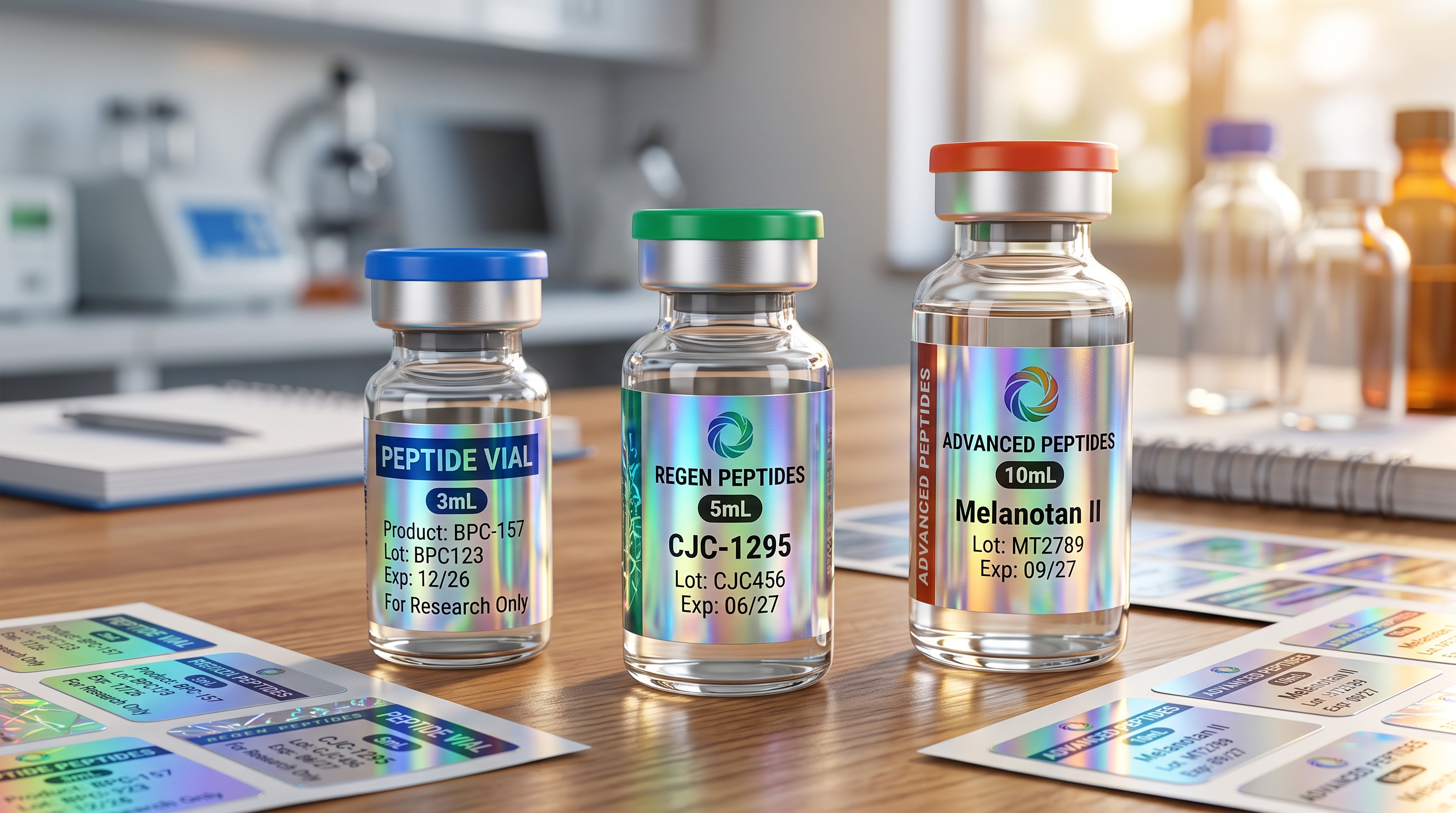 Private Label Peptide Adhesive Stickers Silver Hologram Vinyl White BOPP Low MOQ Quick Turnaround Pharma Sample Vials