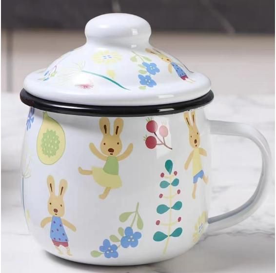 Custom Thickened Enamel Mugs Steel Cartoon Pattern Kids Water Milk Mugs With Lid