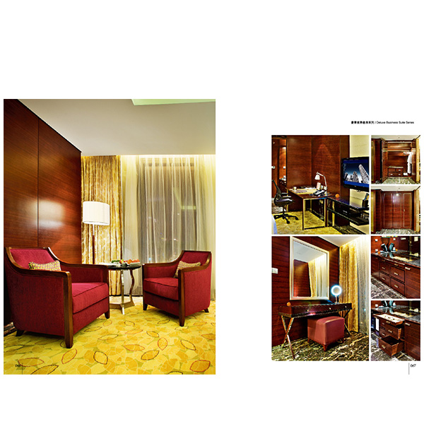 Classical Style Ebony Wooden Finished Hotel Bedroom Furniture With Modern Twin - Bed Red Fabric Sofa Set