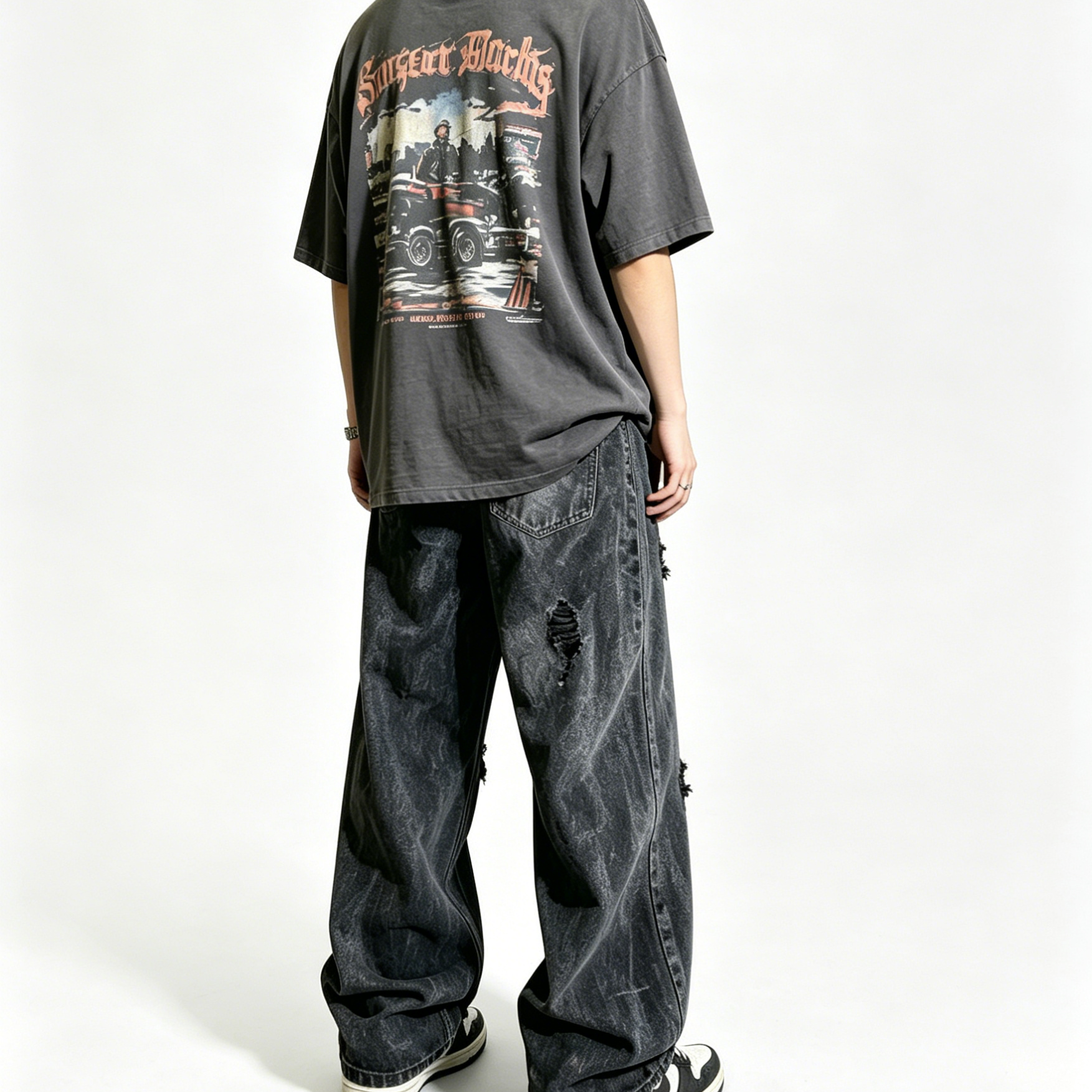 Distressed Mid Rise Wide Leg Jeans Straight Fit Men's Jeans Black Gray
