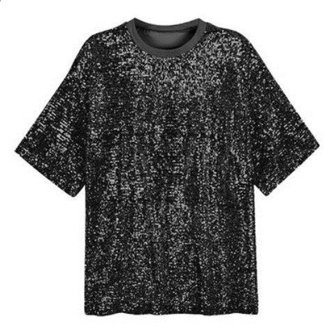 Bulk Mens Sequin T Shirt , Polyeste  Back Zipper Metallic Silver T Shirt