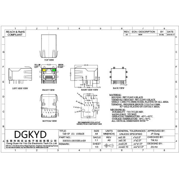 Single port tab up 8 Pin RJ45 Modular Jack Shielded with Y/G LED manufacturer